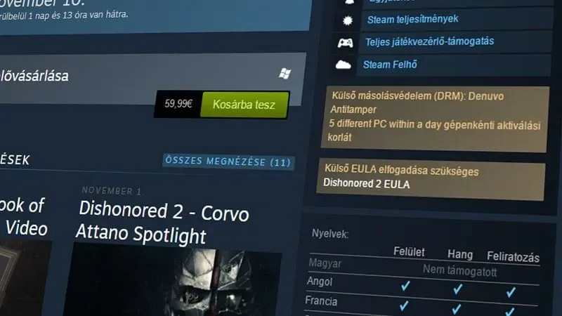 A Steam oldaláról kiderül, hogy a Dishonored 2 Denuvot használ